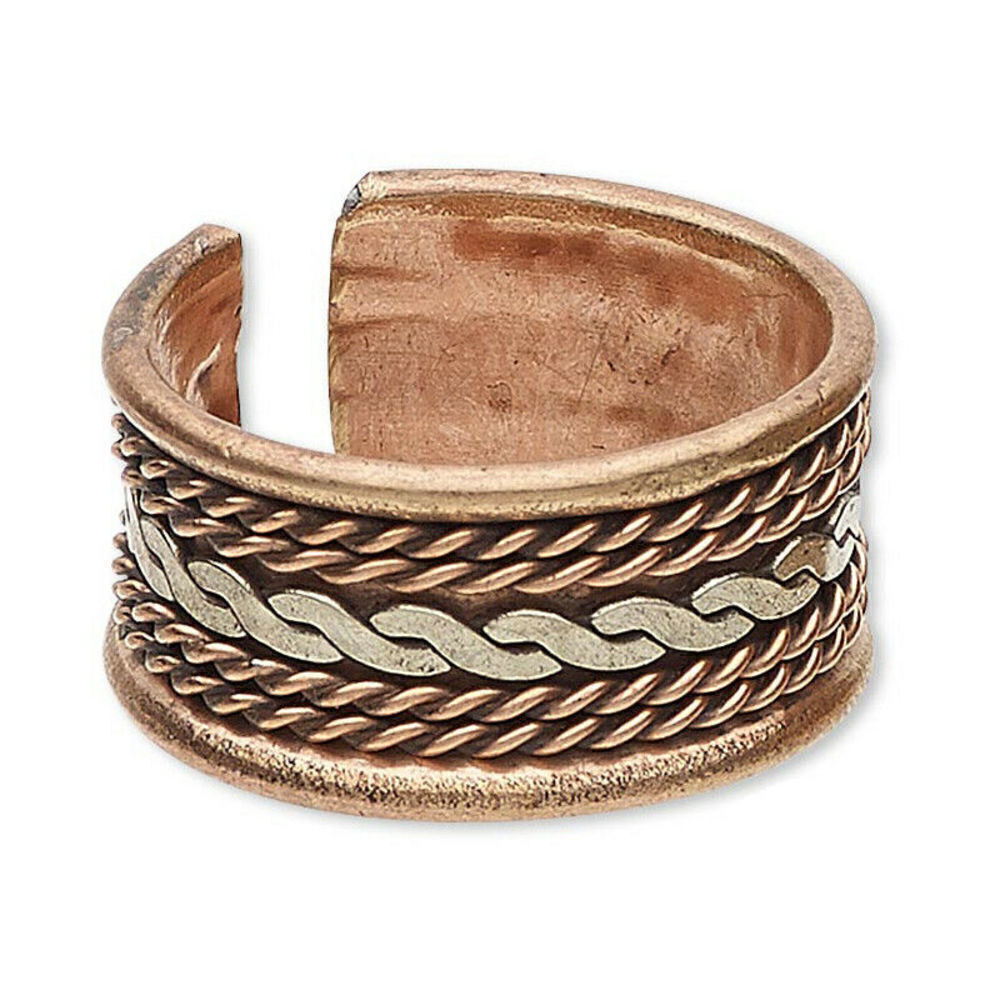 India Solid Brass and Copper Mixed Metal 10mm Wide Twisted Rope Adjustable Ring